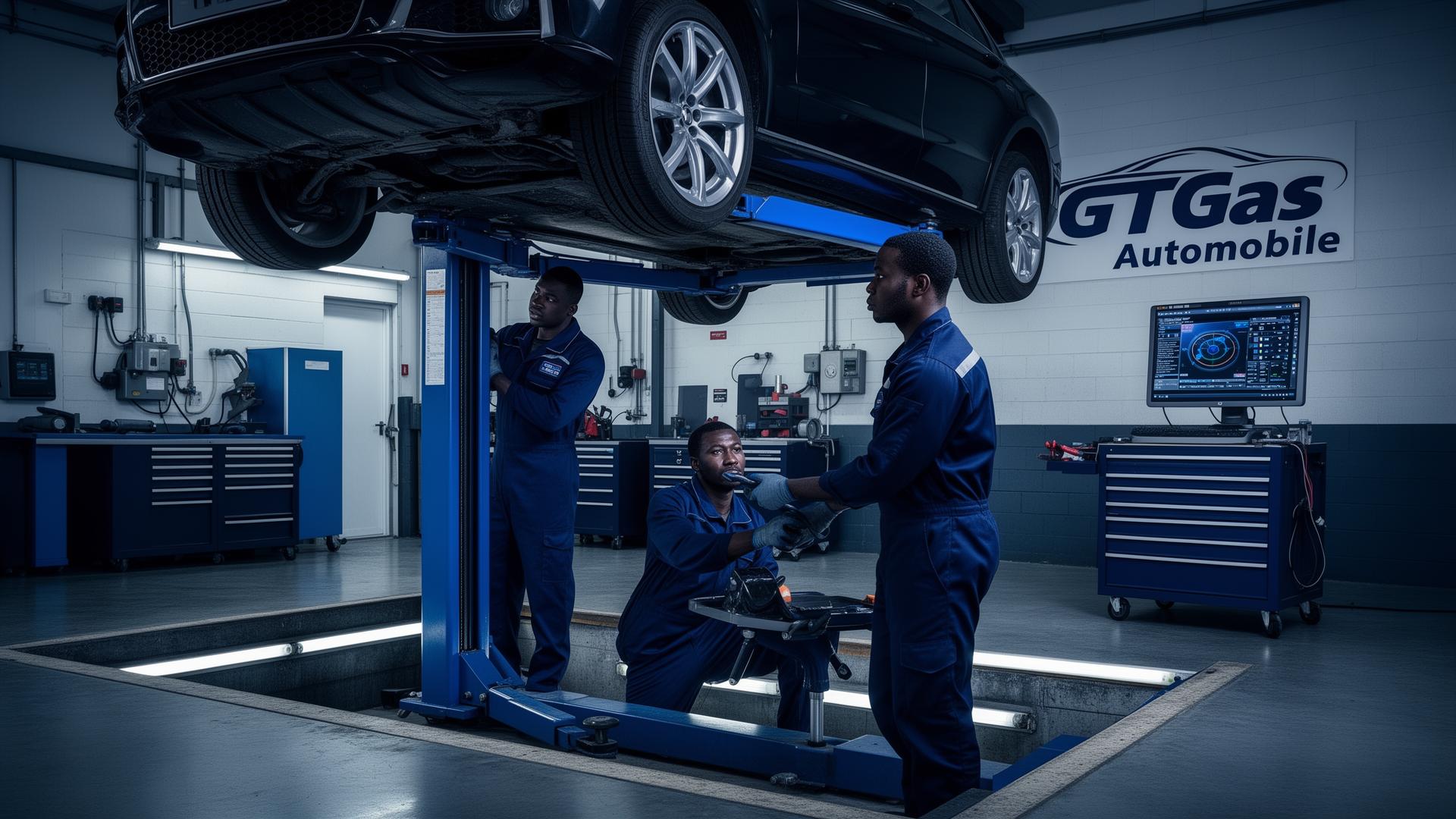 GTGAS AUTOMOBILE workshop with mechanics servicing a vehicle